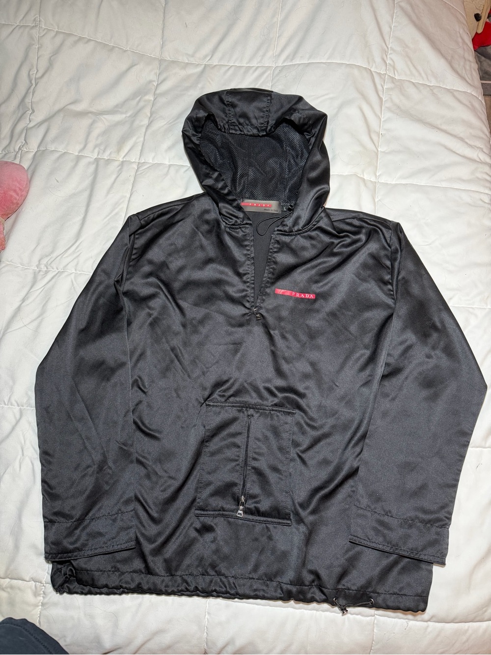 Prada Black Hooded Rain Anorak with Red Logo